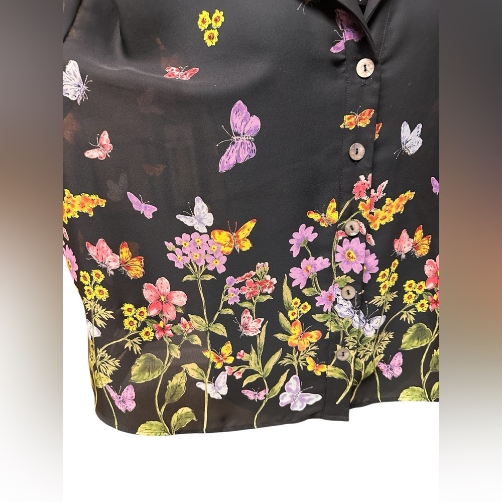 Positive Attitude Black Sheer Cropped Shirt Butterflies Flowers Top Size L/XL - Picture 4 of 9